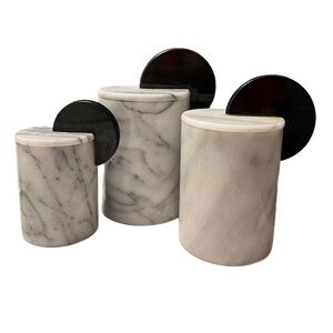 Vtg Set of 3 Italian Black/White Marble Art Deco-Style Canister Set with Lids